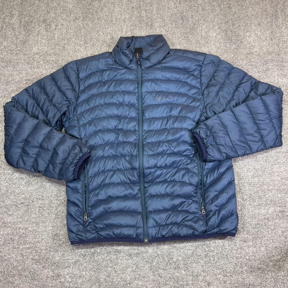 Marmot Jacket Mens Large Blue Down Puffer 600 Fill Full Zip Outdoor Hiking Warm